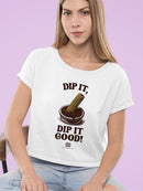 Officially Licensed Hola Churro Dipping Chocolate Artwork - Fun Dessert Lover  Women's Crop Tee