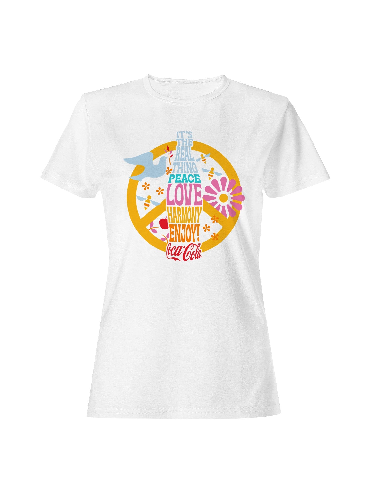 Officially Licensed Coca Cola Real Thing Peace Love Harmony Women's T-shirt