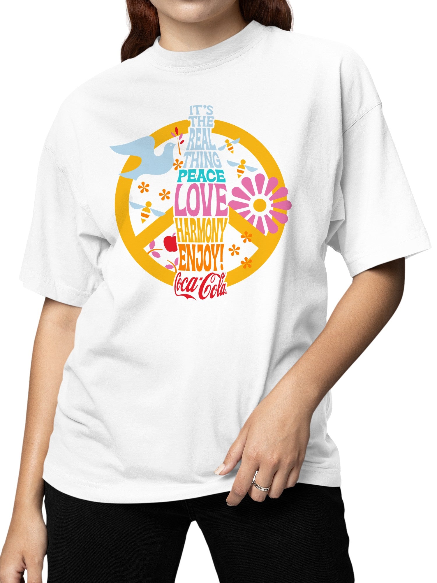 Officially Licensed Coca Cola Real Thing Peace Love Harmony Women's T-shirt